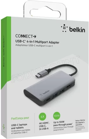 Photo de Adaptateur Belkin Connect USB-C vers HDMI, 2x USB-A et USB-C 100W (Gris)