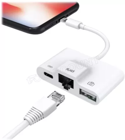 Photo de Adaptateur Lightning DLH vers RJ45, USB-A et Lightning (Blanc)