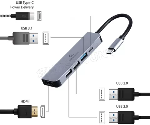 Photo de Adaptateur USB-C 3.0 CableXpert 5-03 vers HDMI, 3x USB-A ,1x USB-C (Gris)