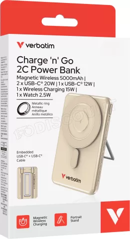 Photo de Batterie externe magnétique Verbatim Charge'n'Go + 2x USB-C - 5000mAh (Or)