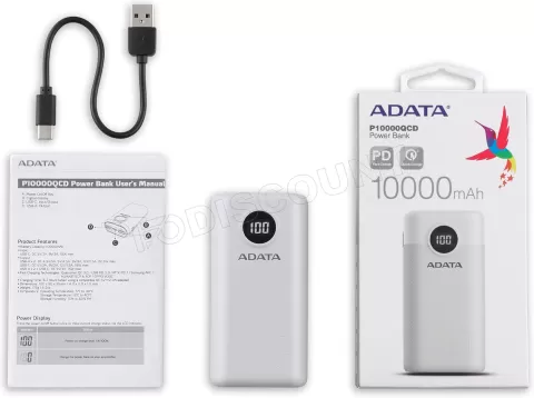 Photo de Batterie externe USB Adata P10000QCD - 10000mAh 22,5W (Blanc)