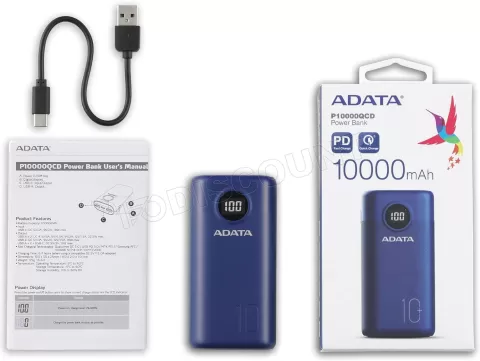 Photo de Batterie externe USB Adata P10000QCD - 10000mAh 22,5W (Bleu)