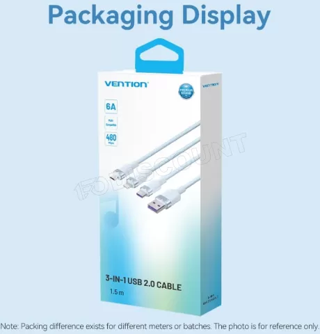 Photo de Cable 3en1 Vention USB-A 2.0 vers Micro USB, USB-C & Lightning M/M 1.5m (Blanc)