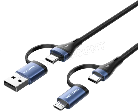 Photo de Cable Adaptateur 4en1 Vention 1x USB-C + 1x USB-A vers 1x USB-C + 1x micro- USB-B 1m (Noir/Bleu)