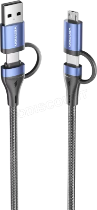 Photo de Cable Adaptateur 4en1 Vention 1x USB-C + 1x USB-A vers 1x USB-C + 1x micro- USB-B 1m (Noir/Bleu)