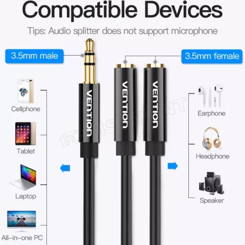 Photo de Cable Audio Vention  mini Jack 3.5mm  2x mini Jack 3.5 mm 0.3m (Noir)