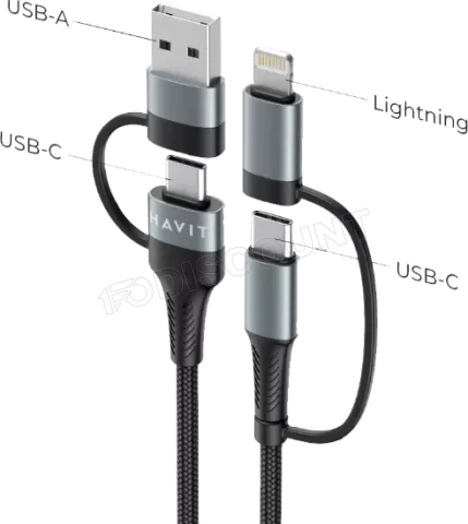 Photo de Câble Havit CB6244 USB-A/C vers USB-C/Lightning 1m M/M 60W (Noir)