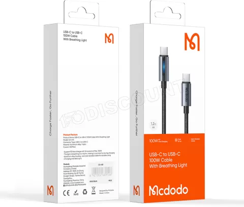 Photo de Câble Mcdodo Breathing Light USB-C avec écran 1,2m M/M 100W (Gris/Noir)