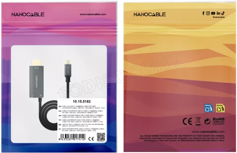 Photo de Cable Nanocable USB-C vers HDMI mâle/USB-C femelle 2m (Noir)