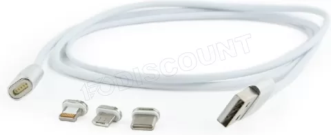 Photo de Câble USB 2.0 CableXpert vers Micro USB, Type C & Lightning embouts magnétiques 1m (Blanc)