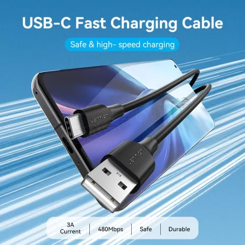 Photo de Cable Vention USB 2.0 vers Type C M/M 3A 2m (Noir)