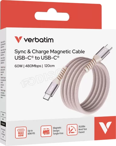 Photo de Câble Verbatim USB-C magnétique 1,2m M/M 60W (Rose)