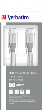 Photo de Câble Verbatim USB-C M/M 30cm Acier Inoxydable (Blanc/Gris)