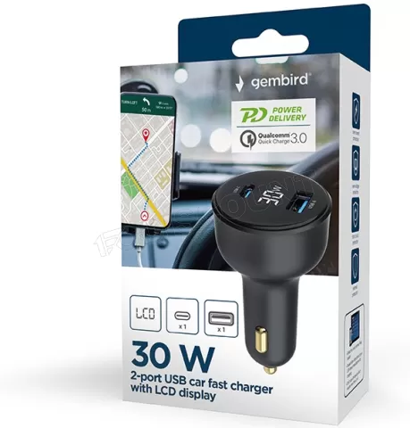 Photo de Chargeur Allume Cigare Gembird 1x USB-C + 1x USB-A 30W (Noir)