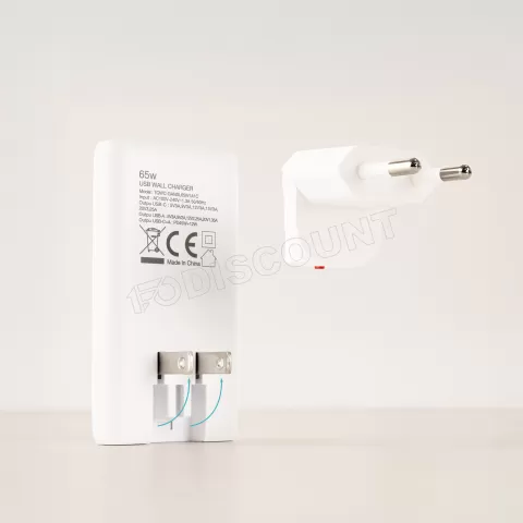 Photo de Chargeur de voyage Tooq GaN 1x USB-C + 1x USB-A  65W (Blanc)