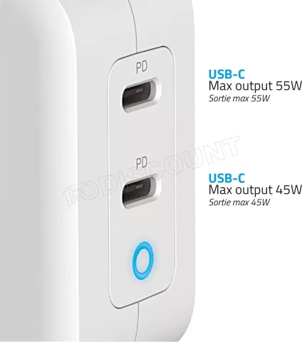 Photo de Chargeur secteur Advance 2xUSB-C (1x55W + 1x45W) (Blanc)