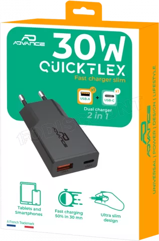 Photo de Chargeur secteur Advance QuickFlex 1xUSB-A + 1x USB-C 30W (Noir)