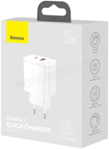 Photo de Chargeur secteur Baseus Compact 1x port USB-A + 1x port USB-C 20W (Blanc)