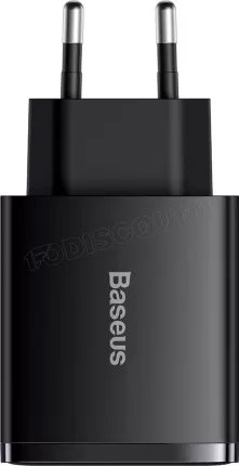 Photo de Chargeur secteur Baseus Compact 2x ports USB-A + 1x port USB-C 30W (Noir)
