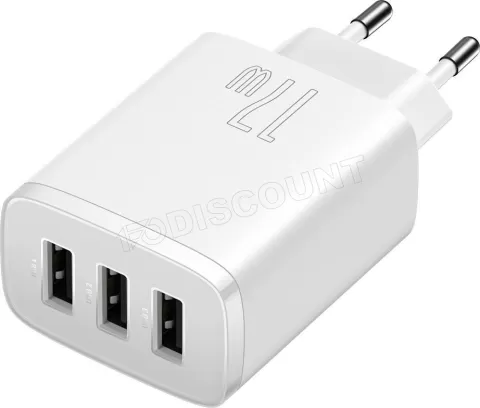 Photo de Chargeur secteur Baseus Compact 3x ports USB-A 17W (Blanc)