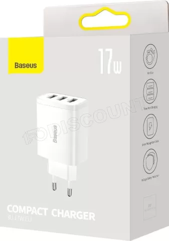 Photo de Chargeur secteur Baseus Compact 3x ports USB-A 17W (Blanc)