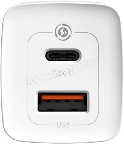 Photo de Chargeur secteur Baseus GaN2 Lite 1x port USB-A + 1x port USB-C 65W (Blanc)