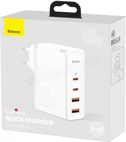 Photo de Chargeur secteur Baseus GaN2 Pro 2x USB-A + 2x USB-C 100W (Blanc)