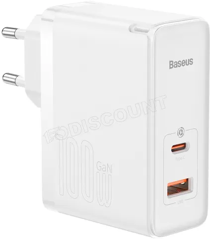 Photo de Chargeur secteur Baseus GaN5 Pro 1x port USB-A + 1x port USB-C 100W + Cable USB-C 1m (Blanc)