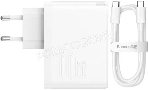 Photo de Chargeur secteur Baseus GaN5 Pro 1x port USB-A + 1x port USB-C 100W + Cable USB-C 1m (Blanc)