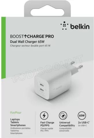 Photo de Chargeur secteur Belkin BoostCharge Pro 2x ports USB-C 65W (Blanc)