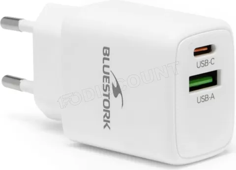 Photo de Chargeur secteur Bluestock GaN 1x USB-A + 1x USB-C 30W (Blanc)
