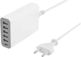 Photo de Chargeur secteur Deltaco 5 ports USB + 1 port USB-C 50W (Blanc)