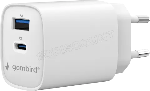 Photo de Chargeur secteur Gembird 1x USB-A + 1x USB-C 30W (Blanc)