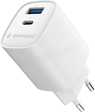 Photo de Chargeur secteur Gembird 1x USB-A + 1x USB-C 45W (Blanc)