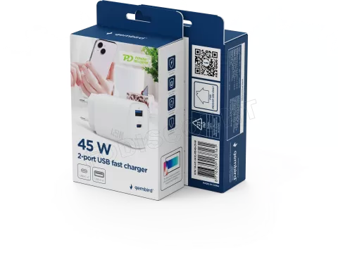 Photo de Chargeur secteur Gembird 1x USB-A + 1x USB-C 45W (Blanc)