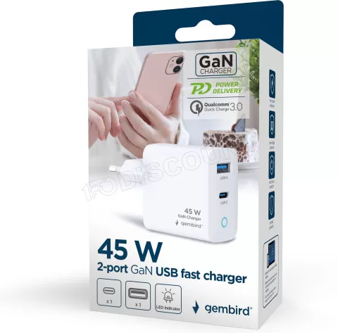 Photo de Chargeur secteur Gembird - 1x USB-C + 1x USB-A 45W (Blanc)