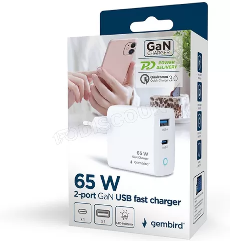 Photo de Chargeur secteur Gembird - 1x USB-C + 1x USB-A 65W (Blanc)