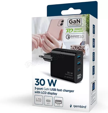 Photo de Chargeur secteur Gembird - 1x USB-C + 2x USB-A 30W (Noir)