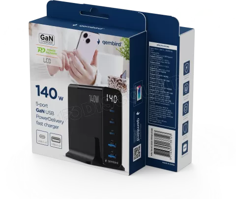 Photo de Chargeur secteur Gembird GaN 2x USB-A + 3x USB-C 140W (Noir)