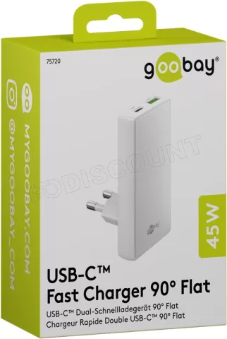 Photo de Chargeur secteur Goobay Fast Charger 90° Flat 1x USB-C + 1x USB-A 45W (Blanc)