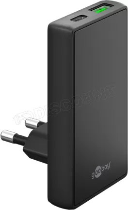 Photo de Chargeur secteur Goobay Fast Charger 90° Flat 1x USB-C + 1x USB-A 45W (Noir)