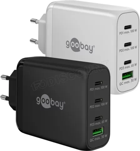 Photo de Chargeur secteur Goobay Multiport GaN 1x ports USB-A + 3x ports USB-C 100W (Noir)