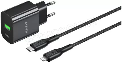 Photo de Chargeur secteur Havit ST925 - 1x USB-C + 1x USB-A 20W avec câble Lightning (Noir)