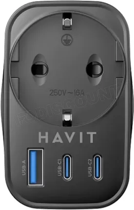 Photo de Chargeur secteur Havit UC142 - 2x USB-C + 1x USB-A + Prise FR (Noir)