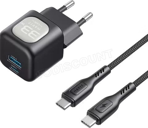 Photo de Chargeur secteur Havit UC233 - 1x USB-C + 1x USB-A 33W avec câble USB-C (Noir)