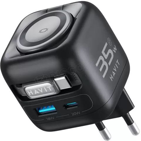 Photo de Chargeur secteur Havit UC253 - 1x USB-A + 1x USB-C 35W avec câble USB-C (Noir)
