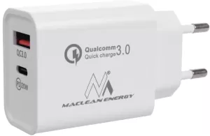 Photo de Chargeur secteur Maclean 1x port USB-A + 1x port USB-C 20W (Blanc)