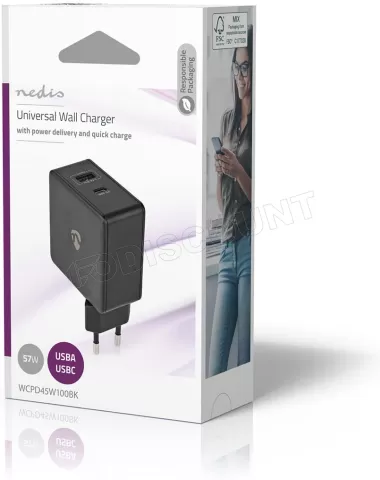 Photo de Chargeur secteur Nedis 1 port USB-A + 1 port USB-C 45W (Noir)