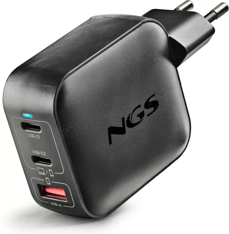 Photo de Chargeur secteur NGS Bud Tiny 2x USB-C + 1x USB-A 100W (Noir)