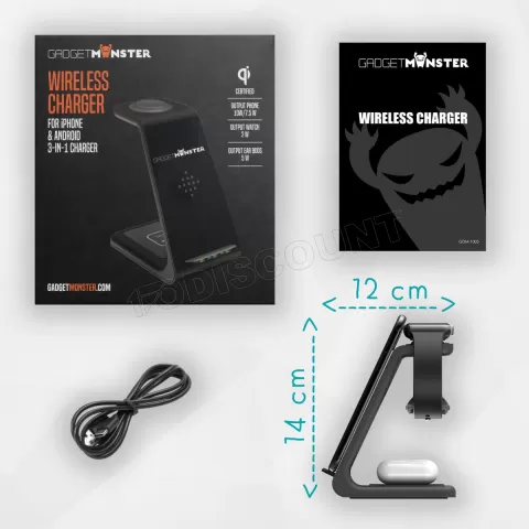 Photo de Chargeur secteur sans fil à induction triple GadgetMonster 10W (Noir)